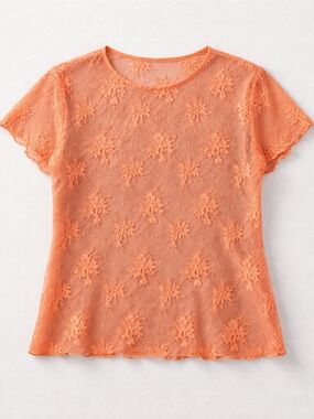 Sheer Coral Lace Mesh Top – Made in Canada – Y2K Layering Tee – Floral – Stretch